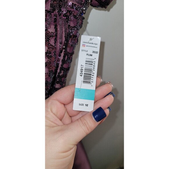 R&M Richards Womens 16 Plum Sequin Lace Formal Dress Hi Low Satin Skirt Gown - Picture 13 of 14